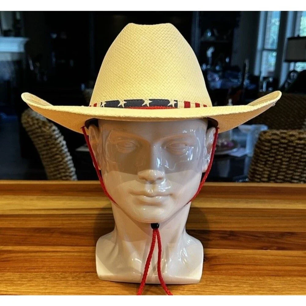 STETSON STRAW COWBOY WESTERN HAT American Flag Band W/ Drawsting 54cm Or 6 3/4